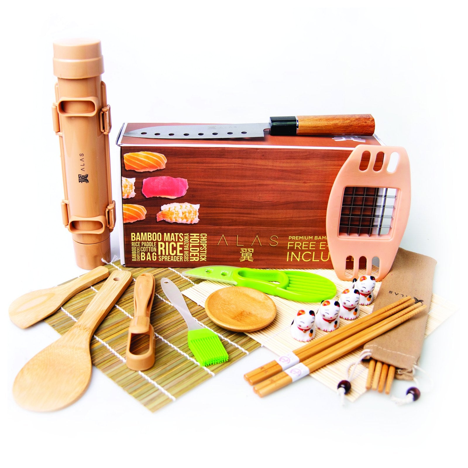The classic kit with every tool in front of its wood-print box
