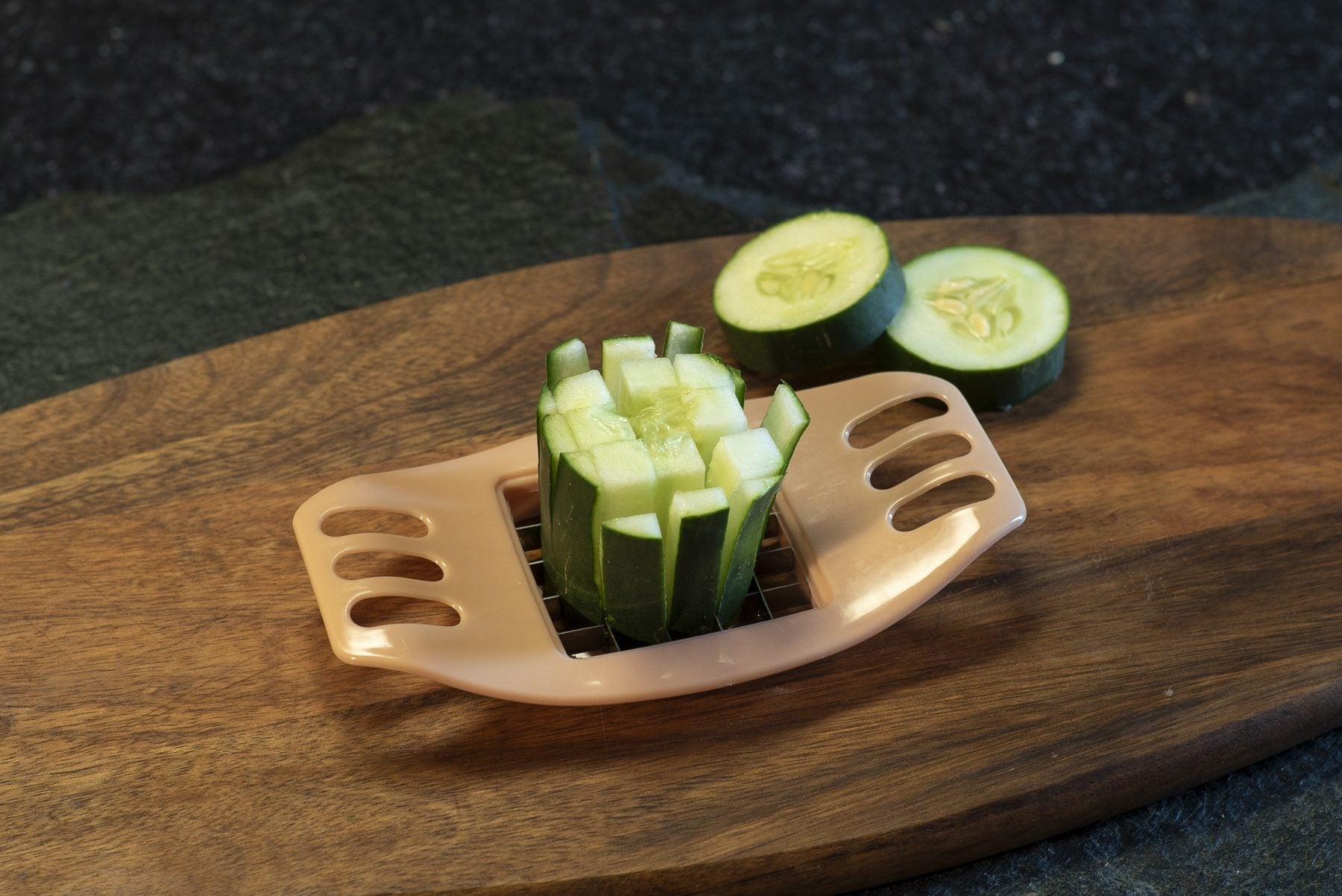 Cucumber cut into even sticks with the kit's cucumber cutter