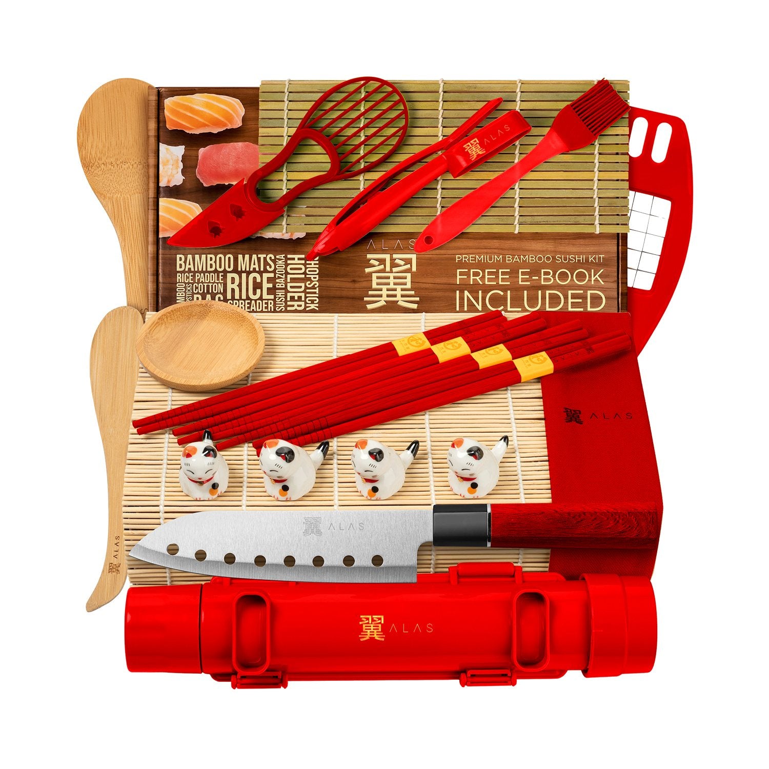 The red kit arranged in front of its box